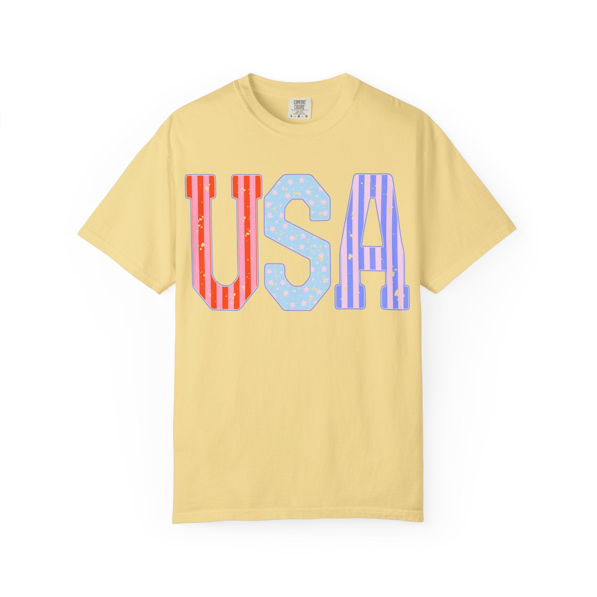 USA Graphic T-Shirt — Colorful Patriotic Lettering for 4th of July & Everyday Wear